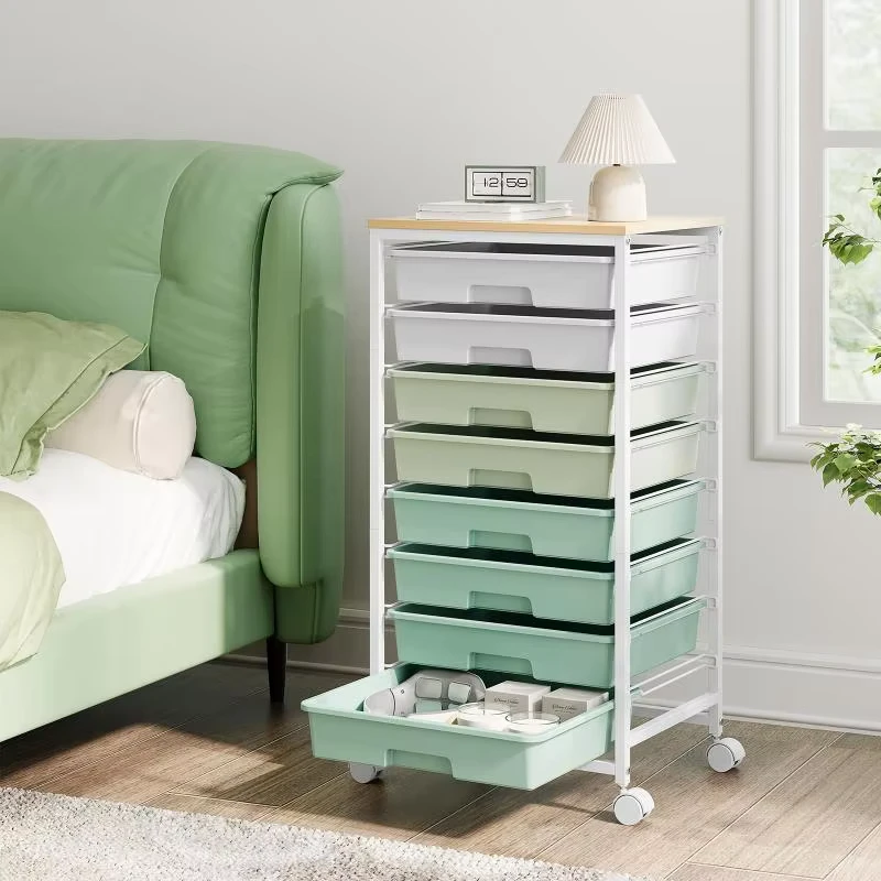 Rolling Storage Cart With Drawer Metal Utility Cart with Wooden Tabletop 8 Layer Mobile Trolley Cart on Wheels