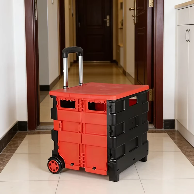 Rolling Utility Cart Shopping Cart Folding Handle Two wheeled Collapsible Handcart with Lid