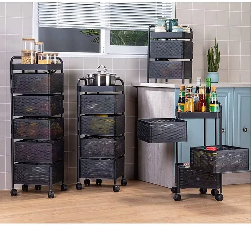 Rotating Basket Storage Rack Square Kitchen Vegetable or Fruit Storage Rack Kitchen Trolley Rolling Cart With Storage