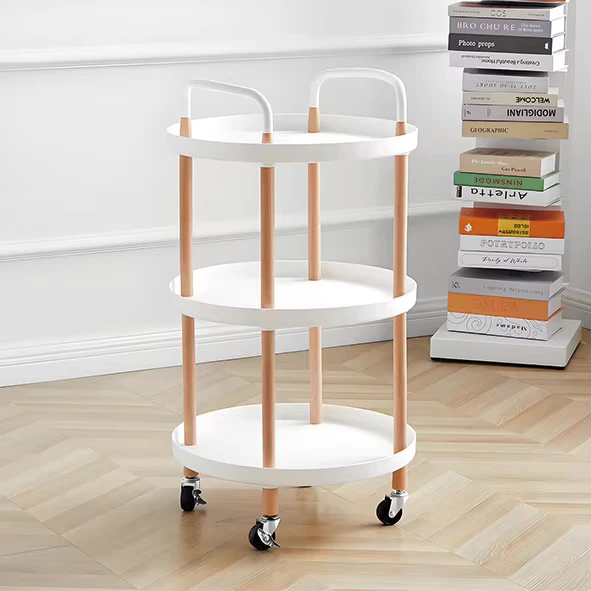 Round Rolling Serving Cart White Steel & Wood Utility Trolley