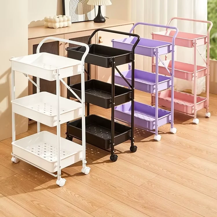 Royaumann Premium Foldable 3 Tier Storage Rack Utility Cart Serving Trolley with Wheels for Home & Kitchen Storage
