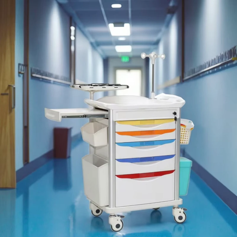 Rugged Terrain Modern Hospital Hotel Medical Trolley ABS Utility Shelf All Terrain Wheels Weather Resistant Drawers Living Room