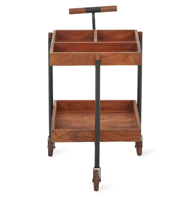 Rustic 2 Tier Acacia Wood Classic Bar Cart Kitchen Rolling Serving Trolley with Divided Top Tray and Wooden Handle