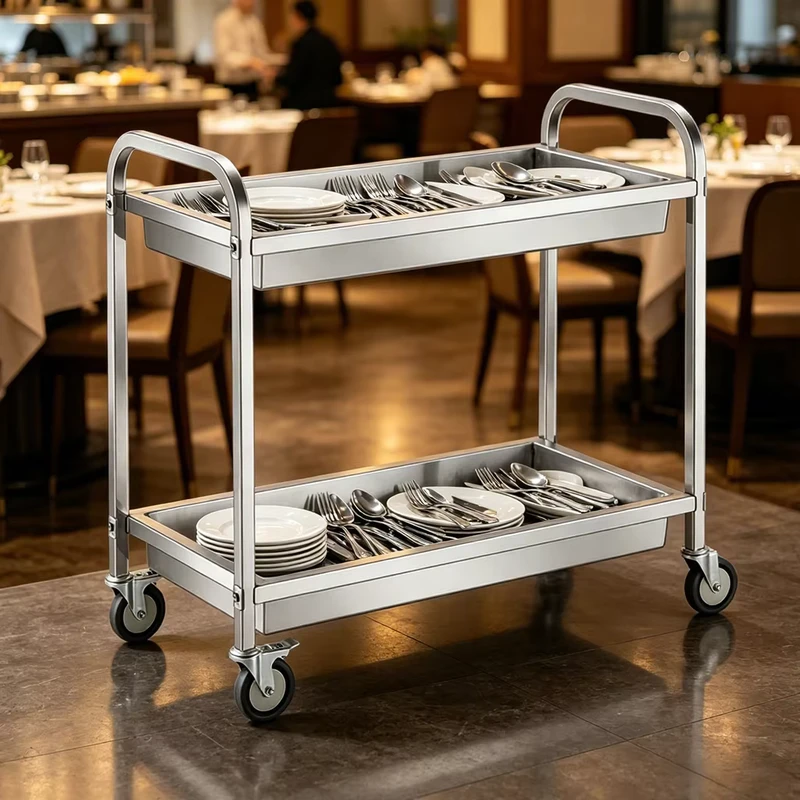 SS304 SS201 Restaurant Mobile Tableware Service Cart Kitchen Double Tier Dish Clearing Trolley for Banquet Buffet