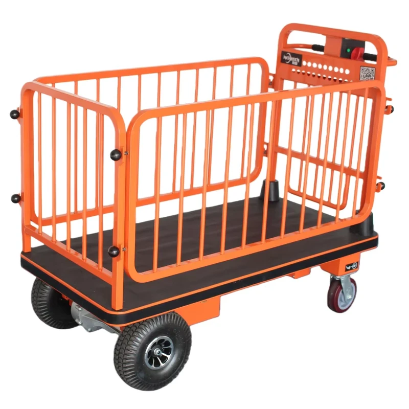 Safety Guard Rail Electric Flatbed Trolley Industrial Hand Cart for Heavy Material Transport