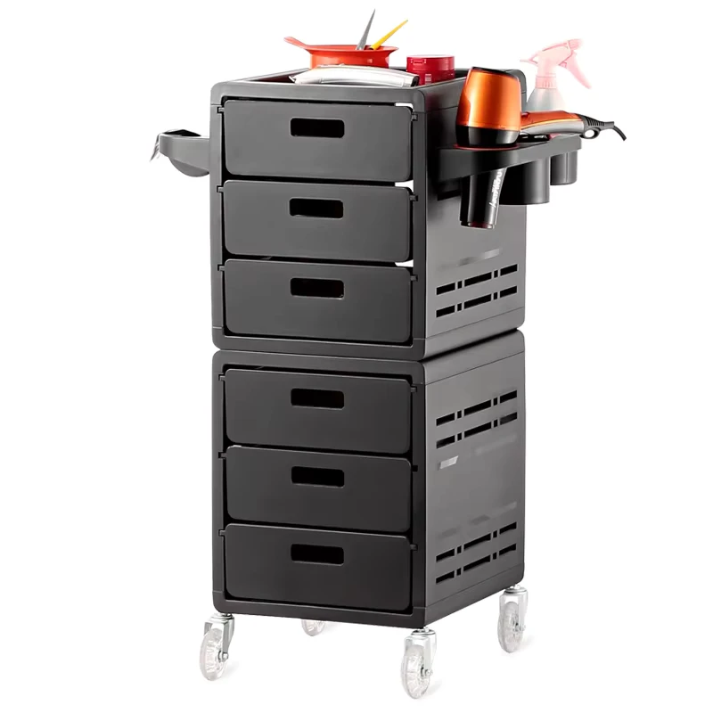 Salon Cart Black 6 Layer Double Pull Drawers 3″ Wheels Hair Salon Trolley with 2 Utility Trays for Beauty Spa Barber Shop