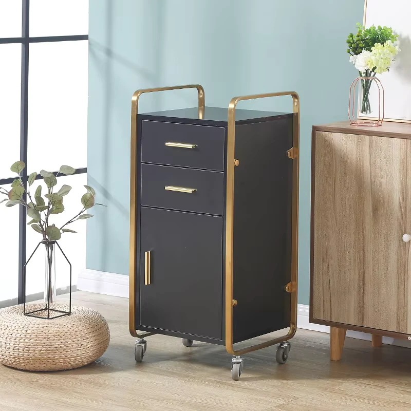 Salon Hair Color Trolley Golden Table Corner Nail Beauty Trolley Black With Three Storage Cabinets and Drawer Salon Trolley