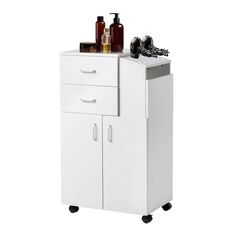 Salon Stations for Hair Stylist Salon Cart on Wheels Salon Trolley Cart with 2 Drawers 1 Large Cabinet 5 Hair Dryer Holders