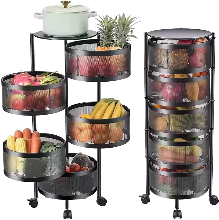 Save Space 360 Degree Rotating Trolley Round Vegetable Rack with Wheels for Household Kitchen Storage Shelf
