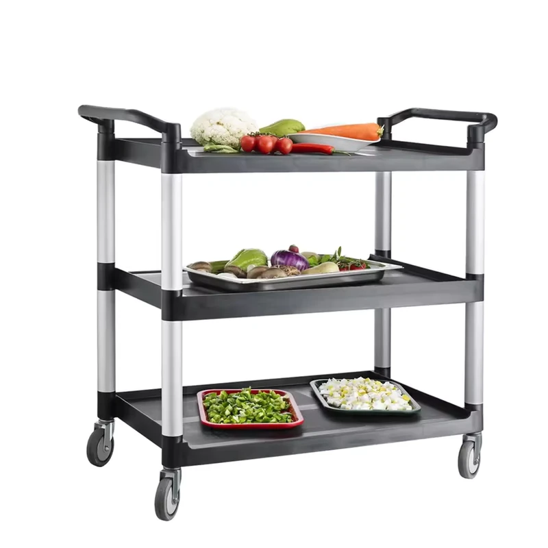 Service Cart with Wheels Lockable Large Size Plastic Restaurant Cart 3 Tier Utility Push Cart for Foodservice Kitchen