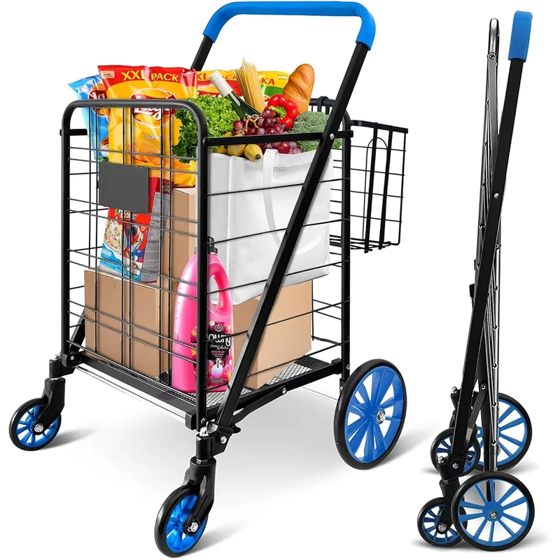 Shopping Cart Swivel Front Wheels Portable and Collapsible Design with Detachable Basket Ideal for Grocery Laundry Shopping
