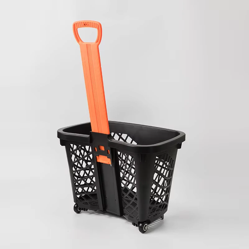Shopping Carts with Handle Shopping Baskets with Wheels Plastic Rolling Trolley Stackable Retail Baskets for Supermarkets