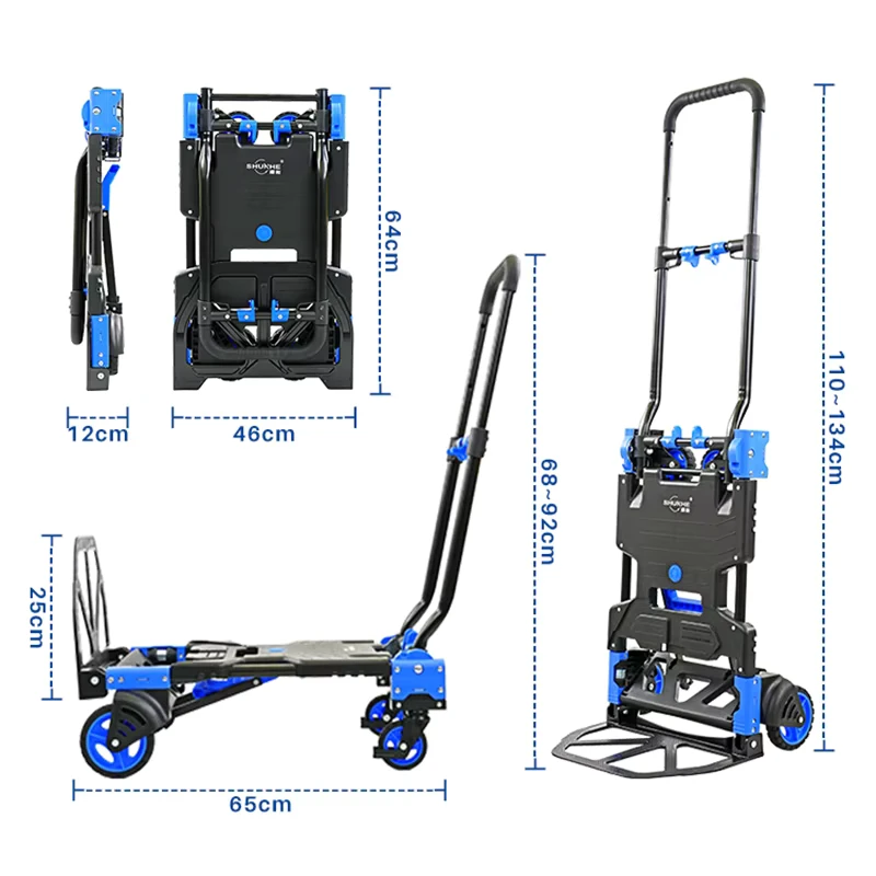 Shunhe Customizable OEM ODM Multi Function Heavy Duty Foldable Hand Truck Utility Cart 68kg Capacity for Shopping Transport