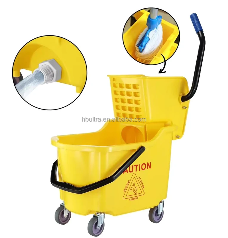 Side Press Home Cleaning Cart Squeezer Combo Hotel All In One Heavy Duty Wheels Yellow 32L Commercial Mop Bucket Wringer