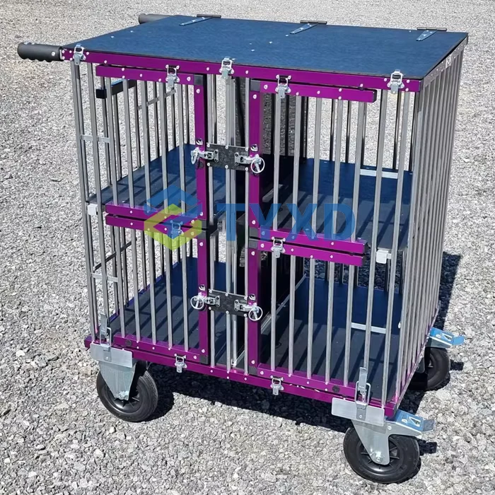 Silver Four-Berth Aluminum Pet Show Cart Large Medium Size Collapsible Dog Trolley Animal Pattern Button Closure Made Metal