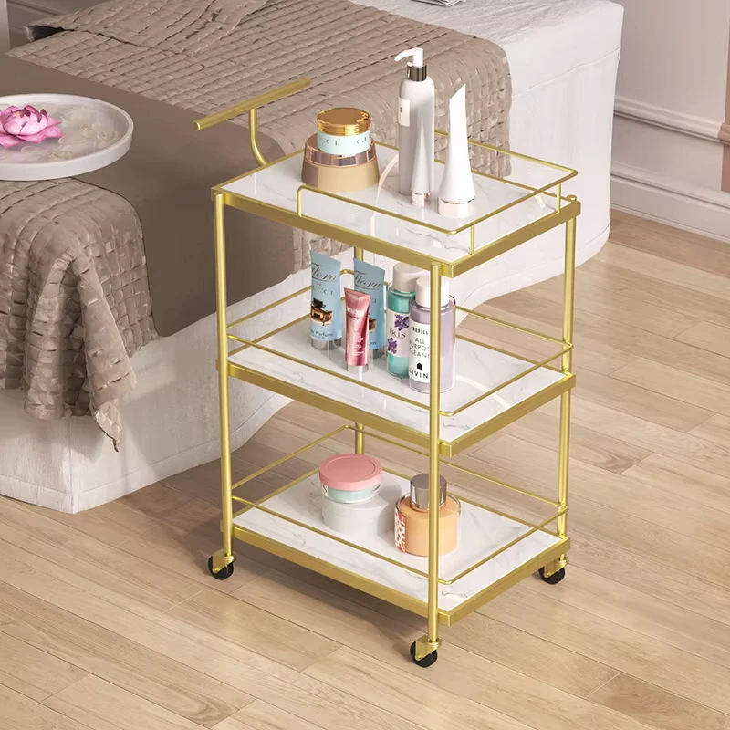 Simple Beauty Salon Trolley 4 Wheel Metal Modern Mobile Three Layer Light Luxury Tattoo Nail Art Eyelash Extension