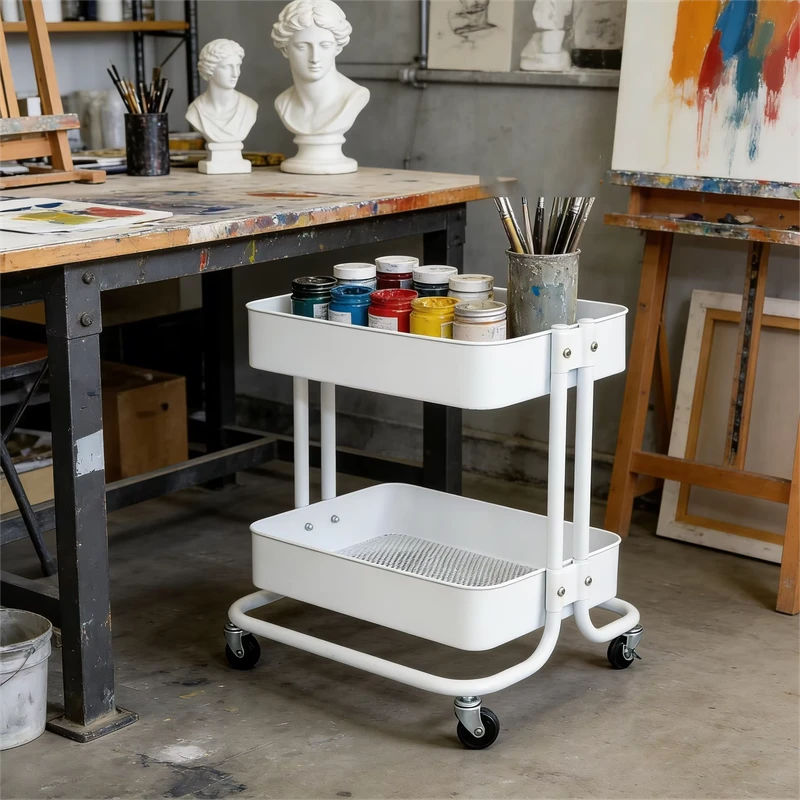 Sleek White Carbon Steel Kitchen Utility Cart 2 Tier 3 Tier Configurations Multifunction Deep Raised Edge Trays Locking Casters