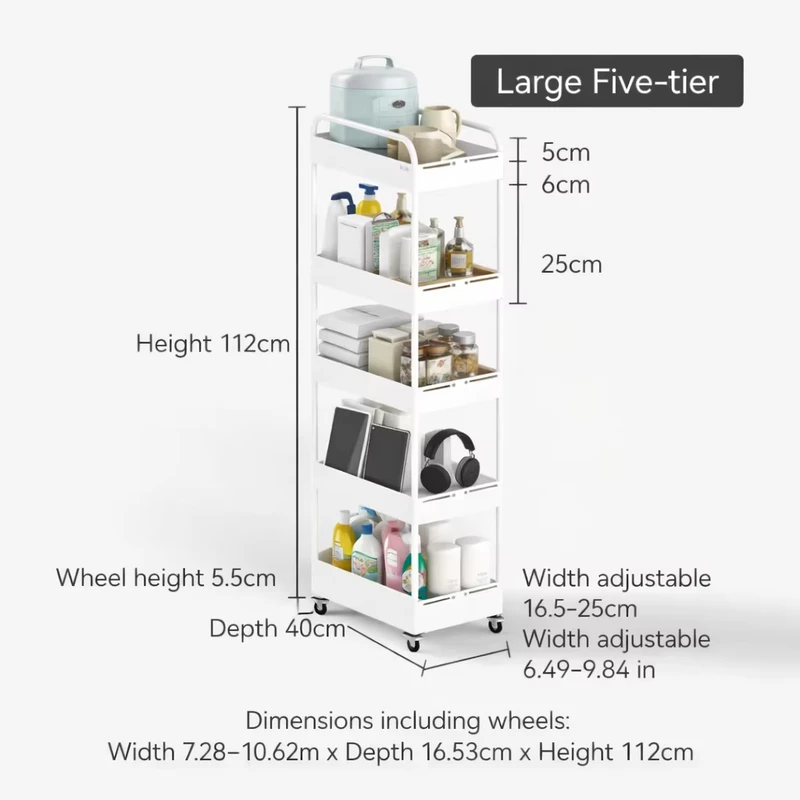 Slim Folding Adjustable Rolling Utility Cart with Detachable Wheels Narrow Space Storage Organizer for Kitchen