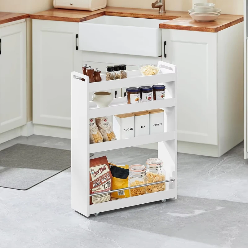 Slim Niche Storage Trolley MDF Mobile Rolling Organizer Cart 4 Tier Gap Shelving Unit for Home Kitchen Bathroom Living Room