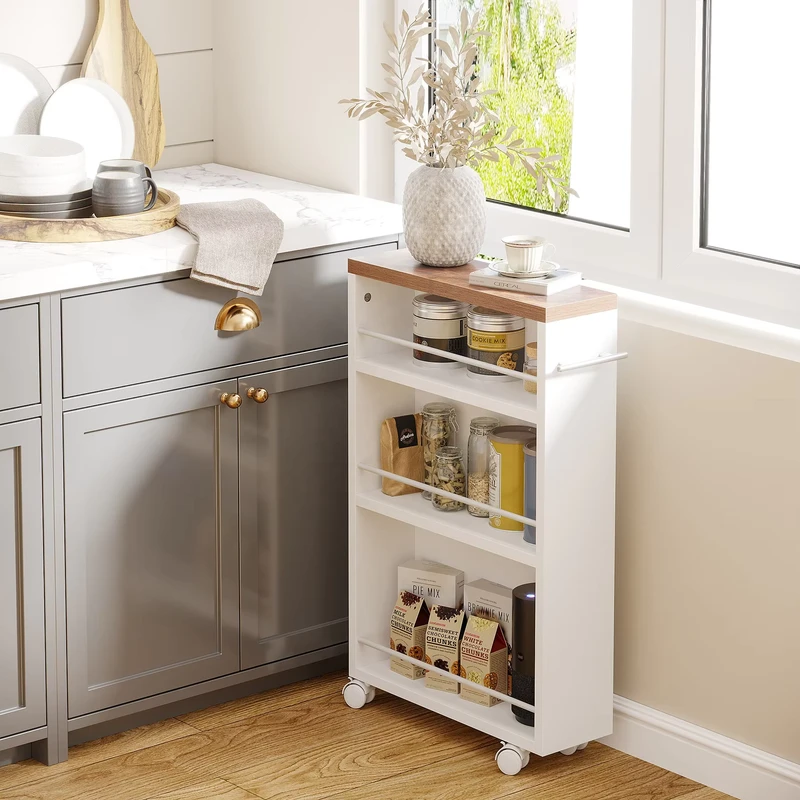 Slim Storage Cart Rolling Narrow Kitchen Cart on Wheels 4 Tier Slide Out Slim Utility Cart