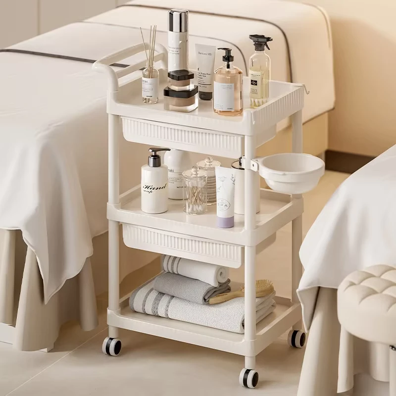Small 3 Tier Floor Standing Movable Beauty Salon Trolley PP Plastic Surgery Nursing Organizer Hand Push Cart for Living Room