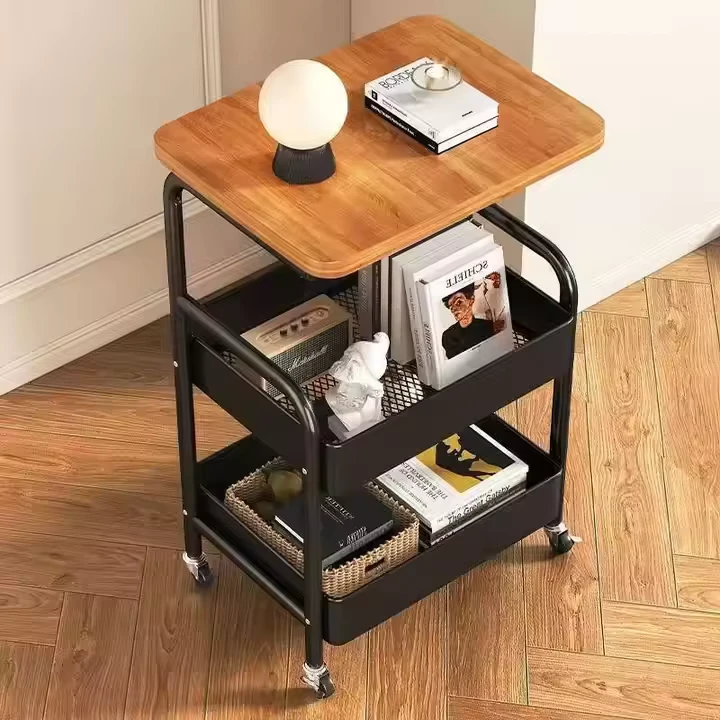 Small 3 Tier Iron Movable Shelf 4 Wheel Snack Storage Cart with Table Board for Kitchen & Bathroom