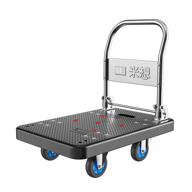 Small Black Nylon Platform Cart 200kg Load with 4 Inch Blue Wheels Foldable Hand Truck 72x50cm
