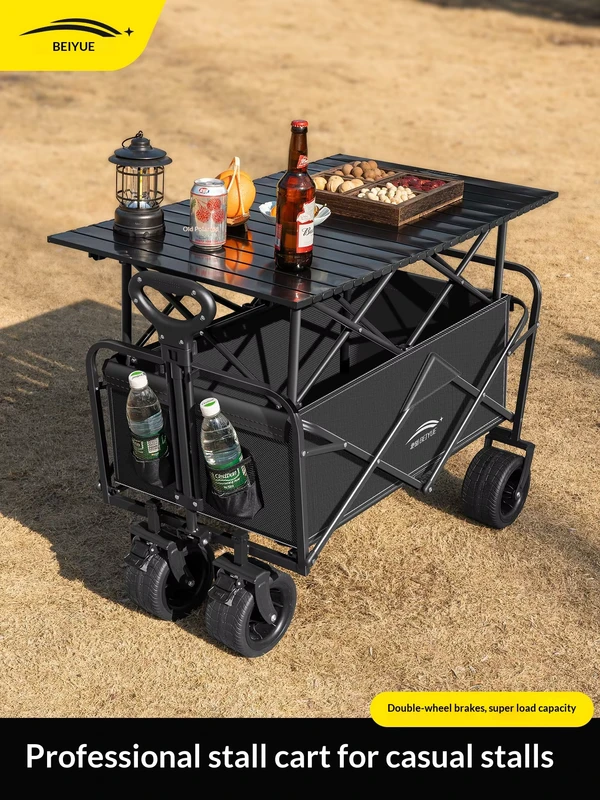 Small Folding Trolley with Swivel Wheels and Tabletop for Stall Cargo Shopping Cart Picnic Camping & Outdoor Use