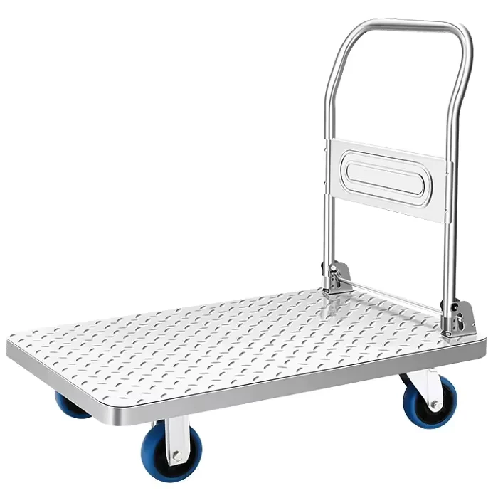 Small Four Wheel Stainless Steel Flatbed Electric Trolley Truck with Foldable Platform Hand Cart for Export Tools
