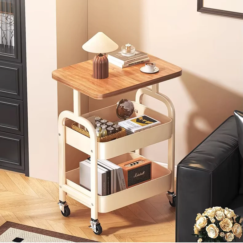 Small Metal 3 Layer Movable Sofa Coffee Table Cart with Snack Storage Rack for Living Room Bedroom Office Organizer Tools