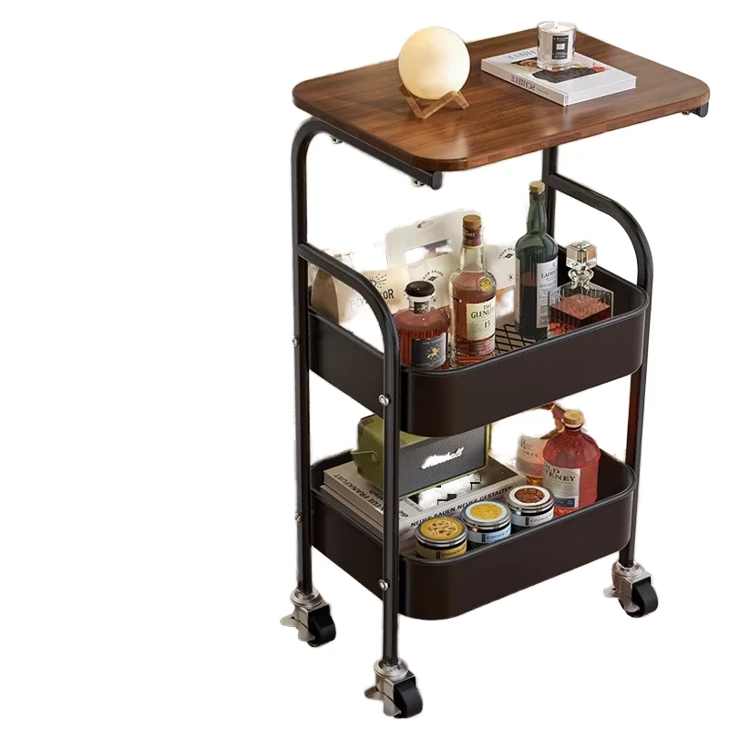 Small Movable 3 Tier Iron 4 Wheel Snack Storage Cart with Table Board for Kitchen & Bathroom