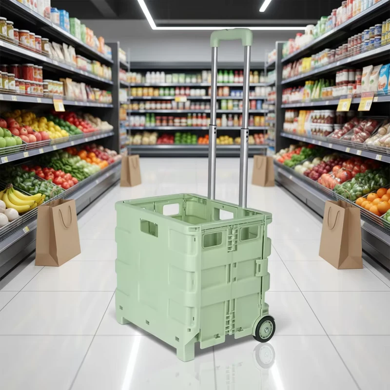 Small Portable Plastic Foldable Shopping Trolley Supermarket Baskets Camping Rolling 2 Wheels Storage Hand Cart