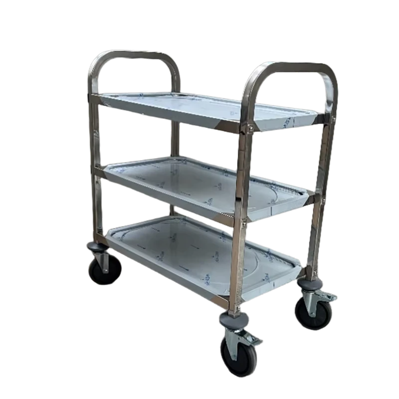 Small Size Stainless Steel 304 201 Manual Utility Cart 4″ Castors Food Medical Service Trolley for Hotels Restaurants