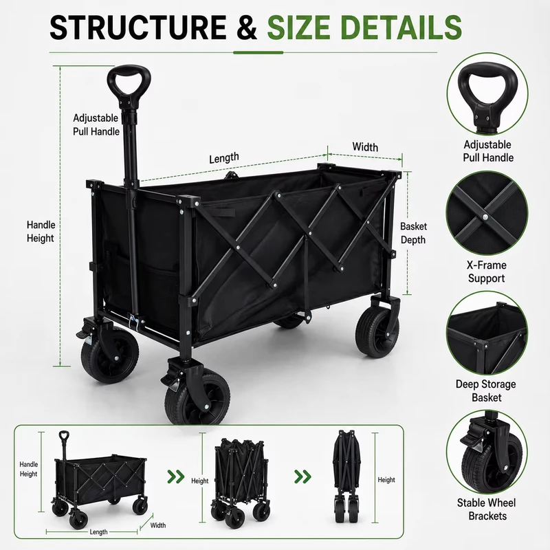 Smooth Gravel Pavement Portable Foldable Four Wheel Utility Wagon Cart Customized OEM Supported Space Saving Shopping