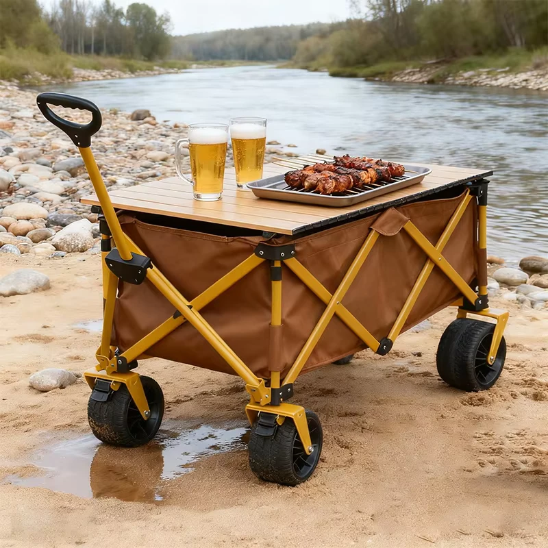 Solid Color Foldable Camping Wagon with Four Wheels for Indoor Storage Outdoor Hiking