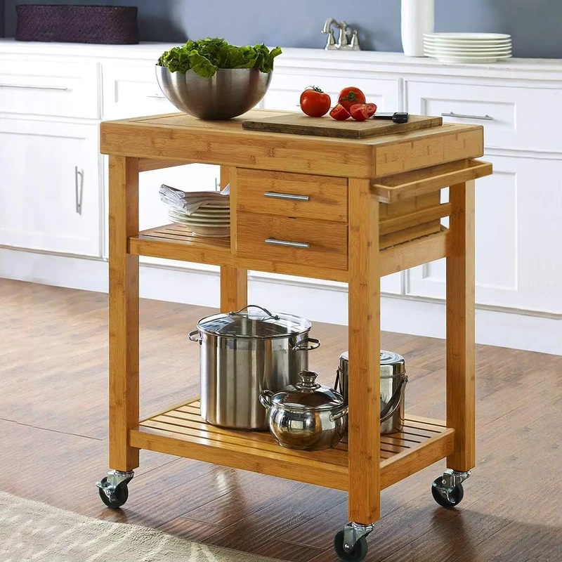 Solid Wood Natural Bamboo Eco Friendly Antique Kitchen Island Cart Rolling Dining Room Trolley 2 Drawers Storage Mobile Serving