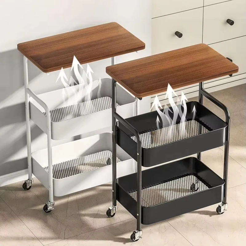 Solid Wood Top Metal Frame 3 Tier Rolling Storage Cart Mobile Side Table with Universal Wheels for Bedroom Kitchen Bathroom