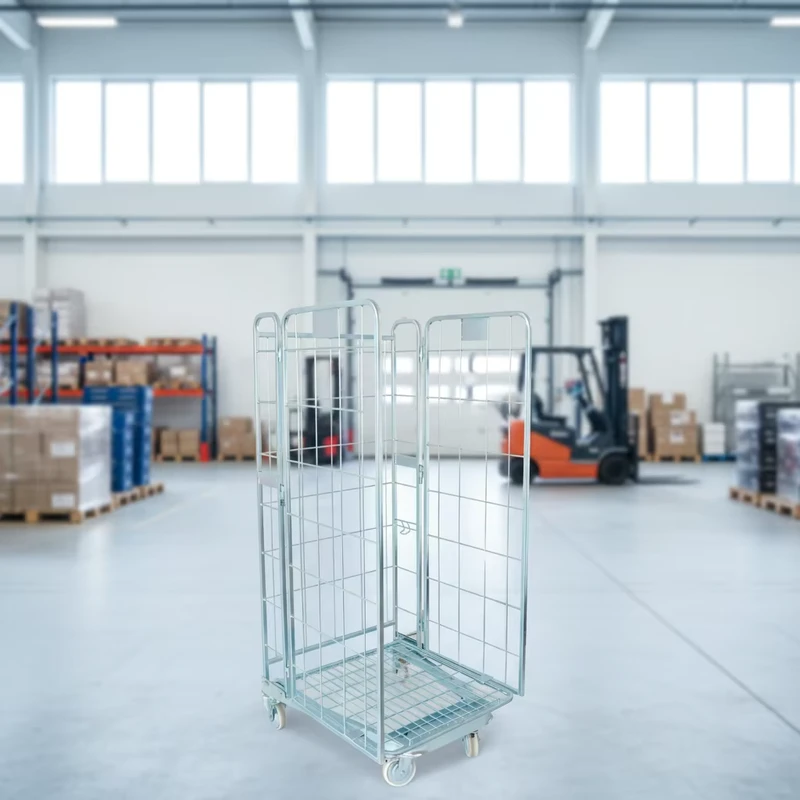 Space Saving Metal Wire Roll Cage 4 Sided Pallet Cart Foldable Wheels for Merchandise Transport