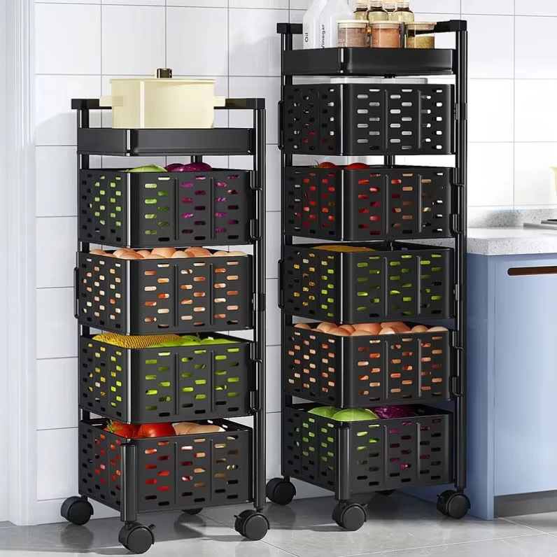 Square Carbon Steel Trolley Vegetable Rack Cart Multifunctional Movable Kitchen Rotating Storage Rack