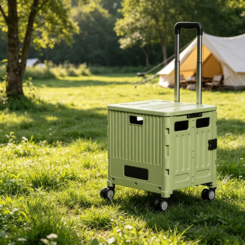 Stable Foldable Camping Trolley with Lid Lightweight Utility Cart with Four Rotating Wheels for Easy Maneuvering