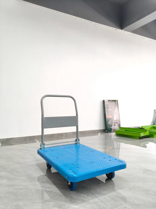 Stable Plastic Flat Transport Trolley Folding Handrail Silent Rolling Wheels Hand Truck for Warehouse Storage