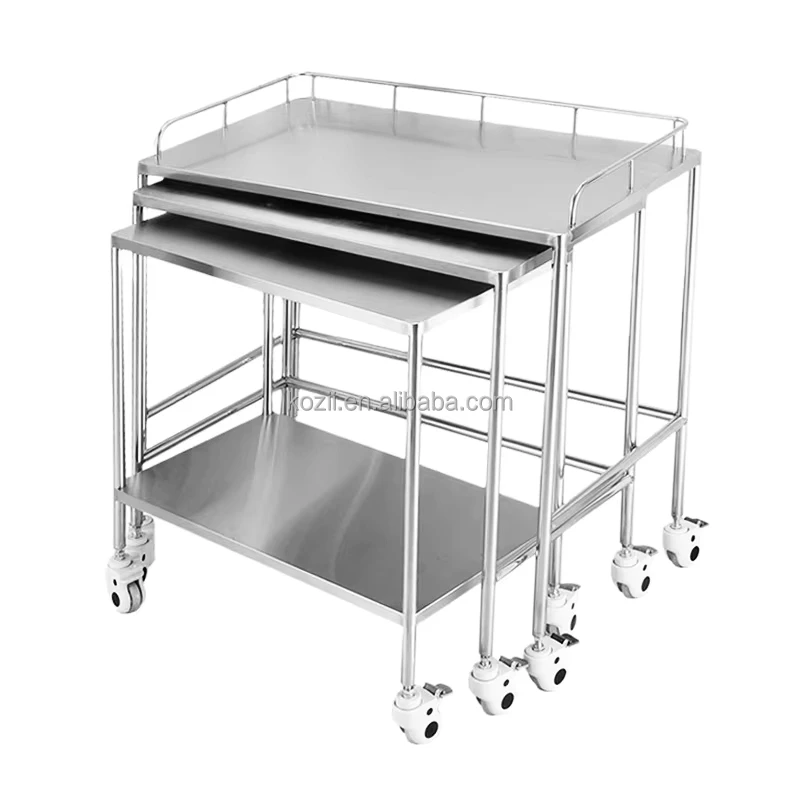 Stainless Steel 3 Tier Nesting Medical Instrument Trolley Space Saving Top Guardrail Storage Shelf Smooth Mobility with Brakes