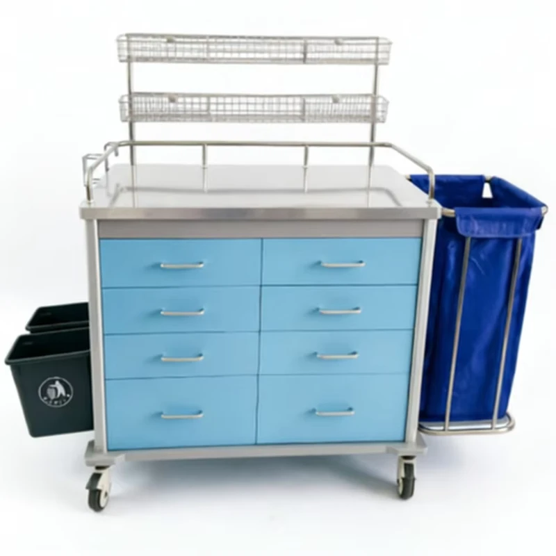 Stainless Steel 8 Drawers Hospital Nursing Trolley Medical Treatment Cart with Linen Bag & Trash Bin for Ward