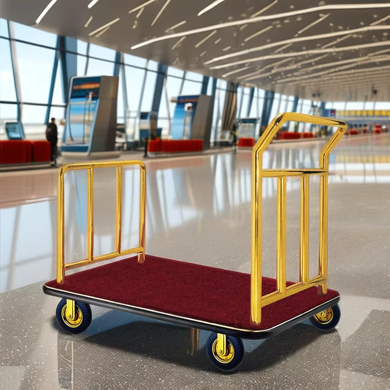 Stainless Steel Baggage Trolleys with 8 Inch Gold Wheels Modern Design Hotel Lobby Luggage Trolley