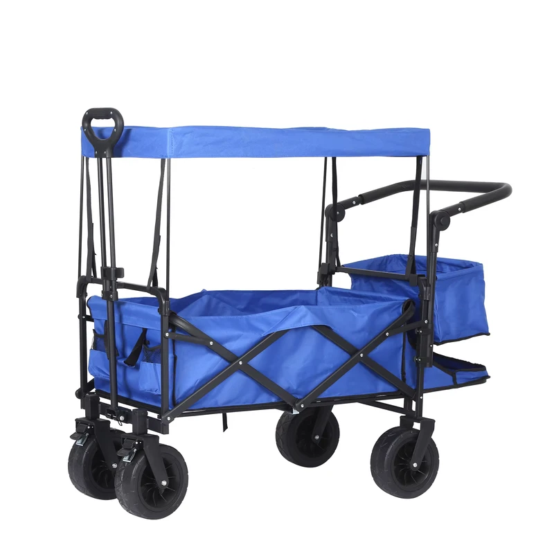 Stainless Steel Foldable Camping Cart with Awning Table Board Push Pull for One Children’s Picnic Can Lie OEM Customizable