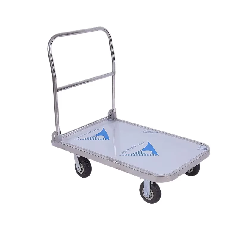 Stainless Steel Foldable Flatbed Cart Hand Trolley with Industrial Casters Mute Cargo Handling Vehicle