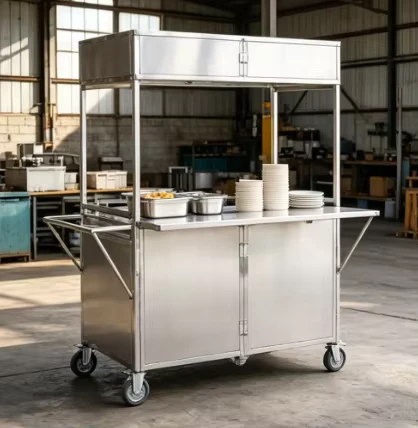 Stainless Steel Foldable Food Service Cart with 4 Wheel Mobility Compact Storage
