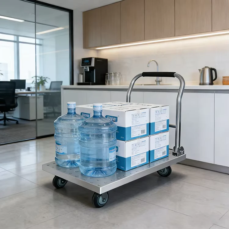 Stainless Steel Foldable Heavy Duty Hand Trolley Cart Flatbed Platform with Wheels for Warehouse Hotel Restaurant Kitchen Use