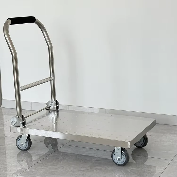 Stainless Steel Foldable Heavy Duty Hand Trolley Cart Flatbed Platform with Wheels for Warehouse Hotel Restaurant Kitchen Use