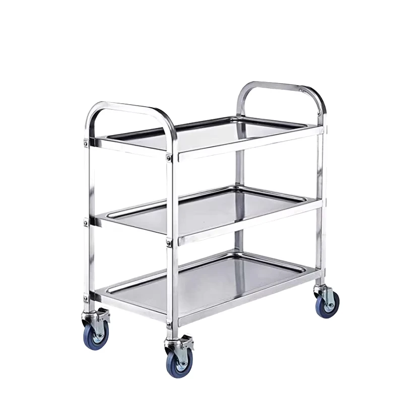 Stainless Steel Four Wheel Service Cart with Platform Structure 3 Tier Kitchen Dining Cart